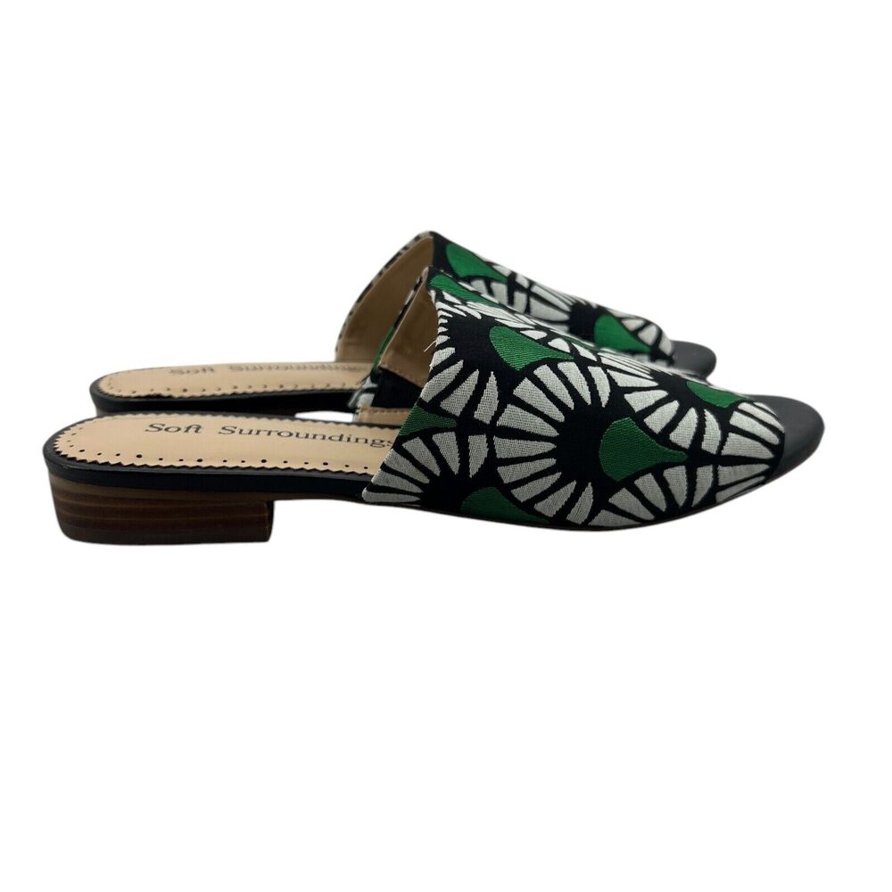 Soft Surroundings Womens 8 Slides Green Black Floral Open Toe Low Block Heel